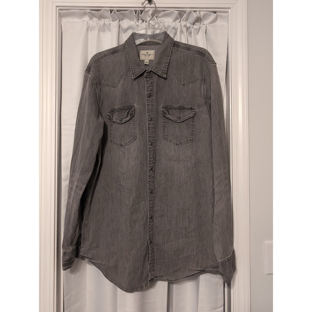 American Eagle Men Pearl Snap Gray Acid Wash Long Sleeve Denim Western Shirt XL